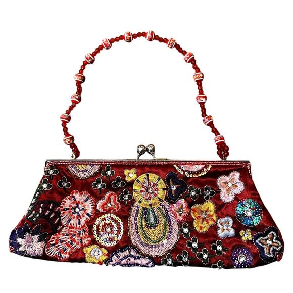 Vintage Red Beaded Embroidered Purse with Top Handle – Y2K Fairycore Boho Bag - Picture 1 of 3